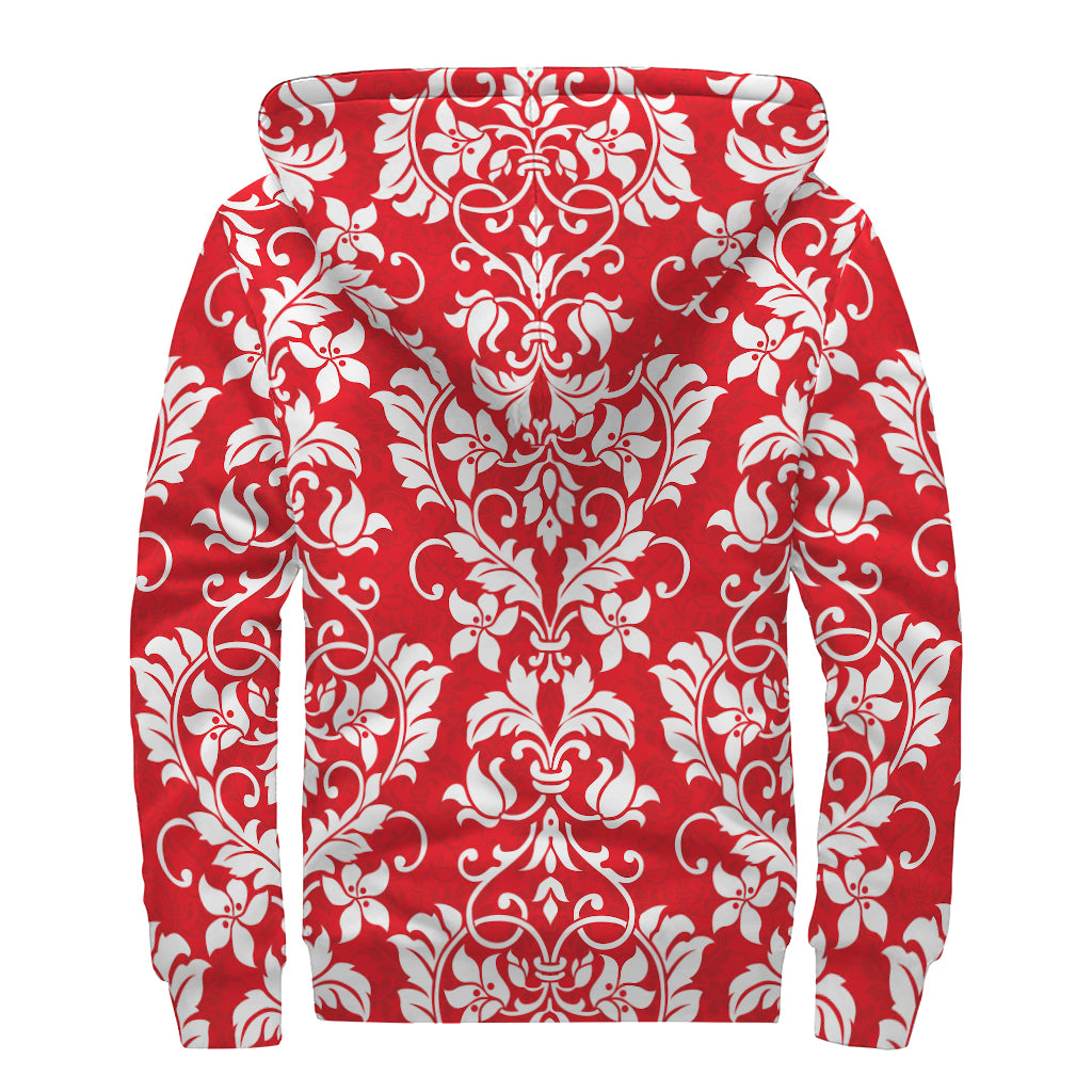Red And White Damask Pattern Print Sherpa Lined Zip Up Hoodie