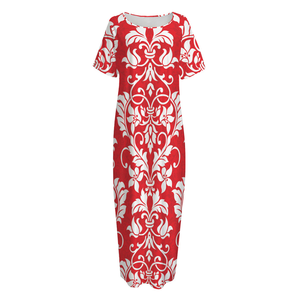 Red And White Damask Pattern Print Short Sleeve Long Nightdress