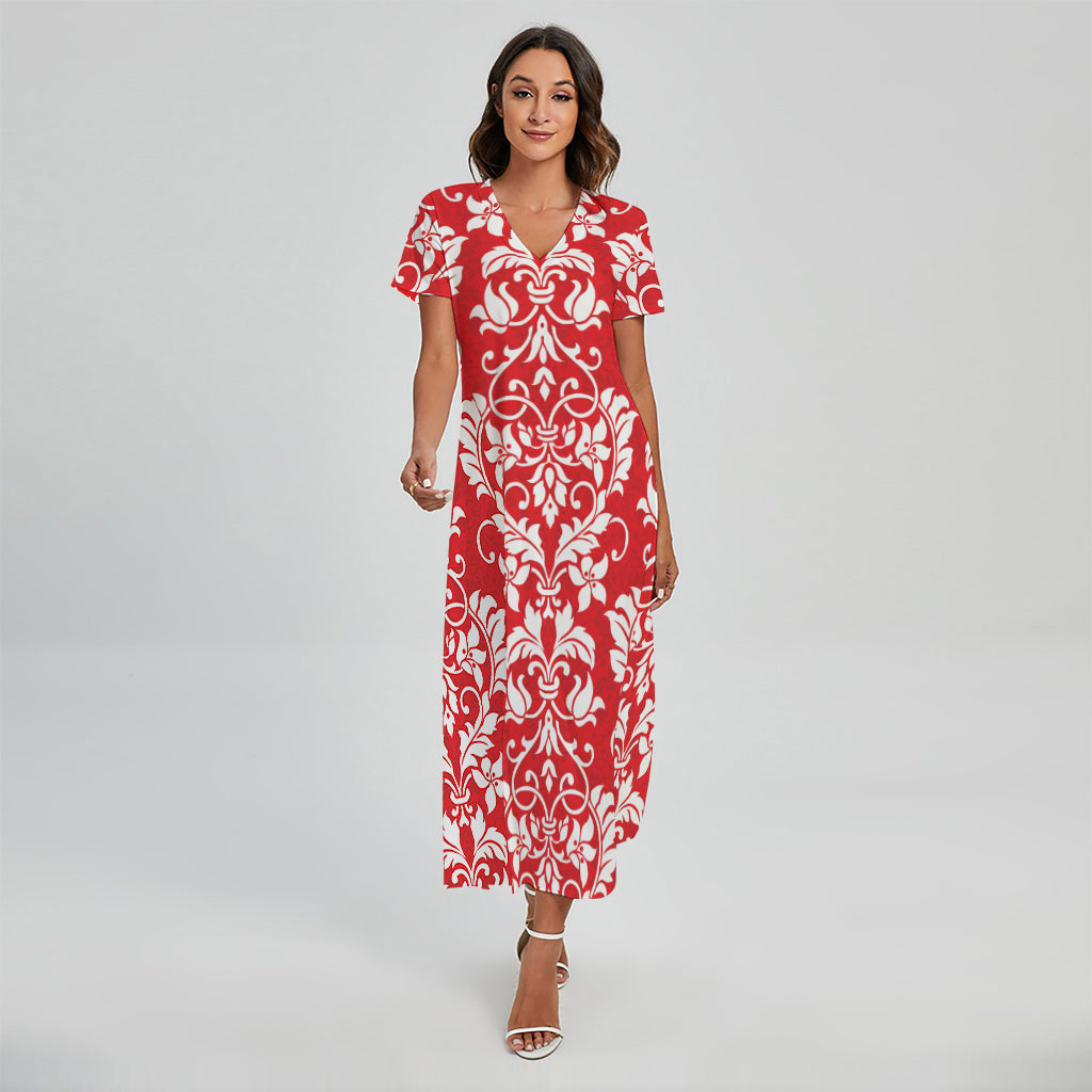 Red And White Damask Pattern Print Short Sleeve Maxi Dress