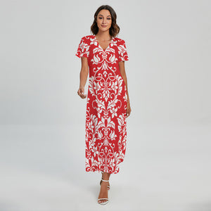 Red And White Damask Pattern Print Short Sleeve Maxi Dress