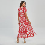 Red And White Damask Pattern Print Short Sleeve Maxi Dress