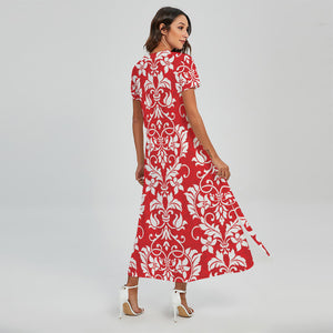 Red And White Damask Pattern Print Short Sleeve Maxi Dress