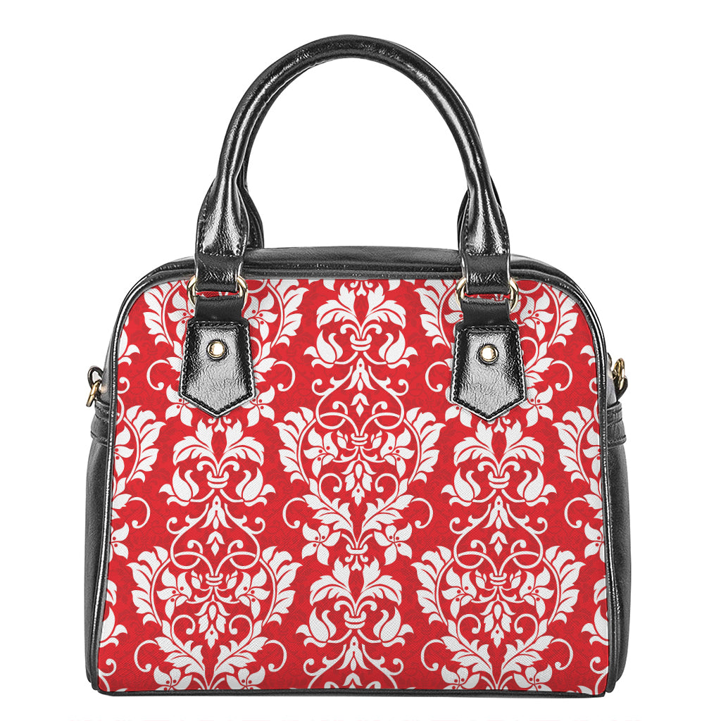 Red And White Damask Pattern Print Shoulder Handbag