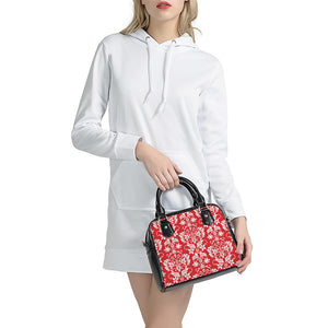 Red And White Damask Pattern Print Shoulder Handbag