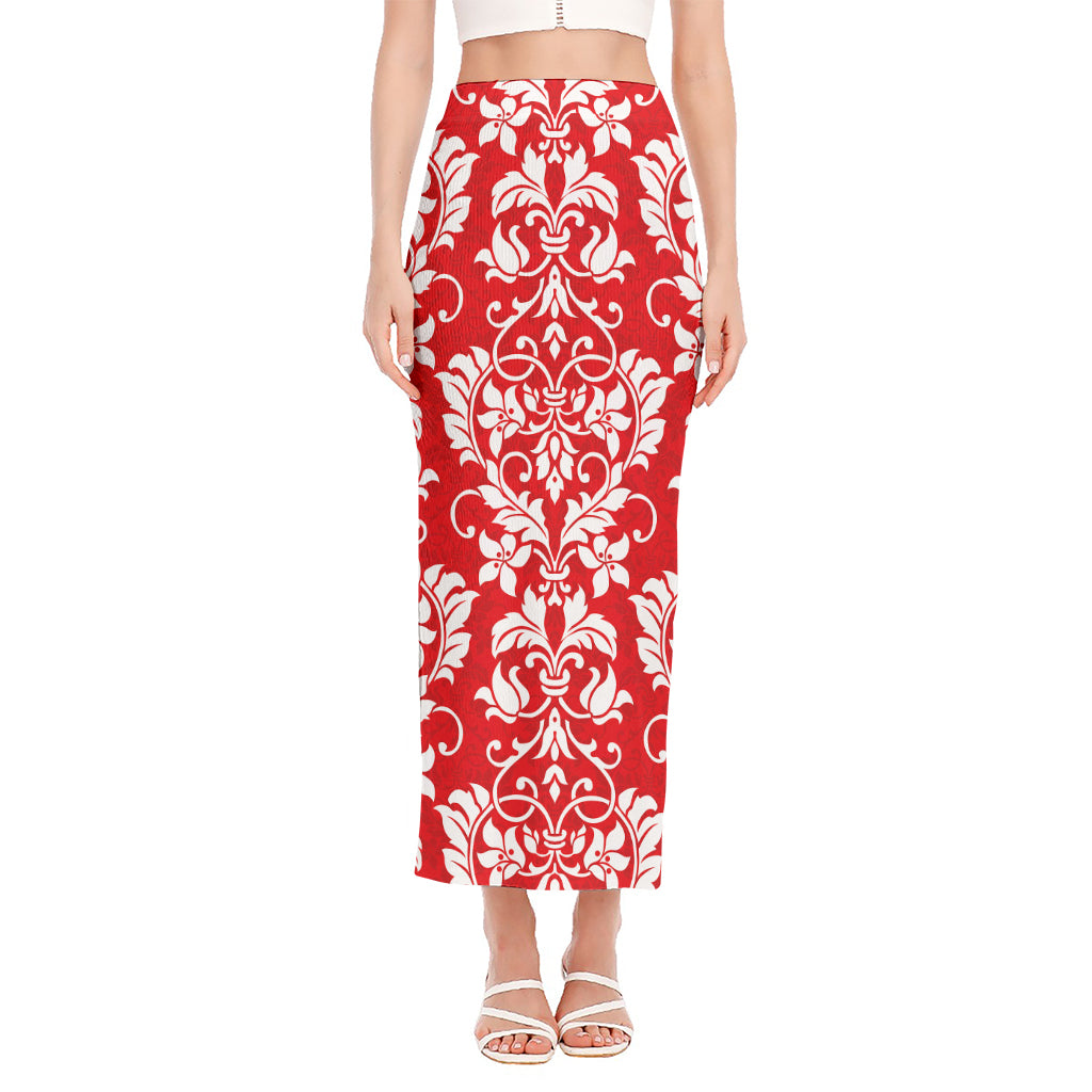 Red And White Damask Pattern Print Side Slit Maxi Skirt