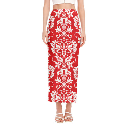 Red And White Damask Pattern Print Side Slit Maxi Skirt