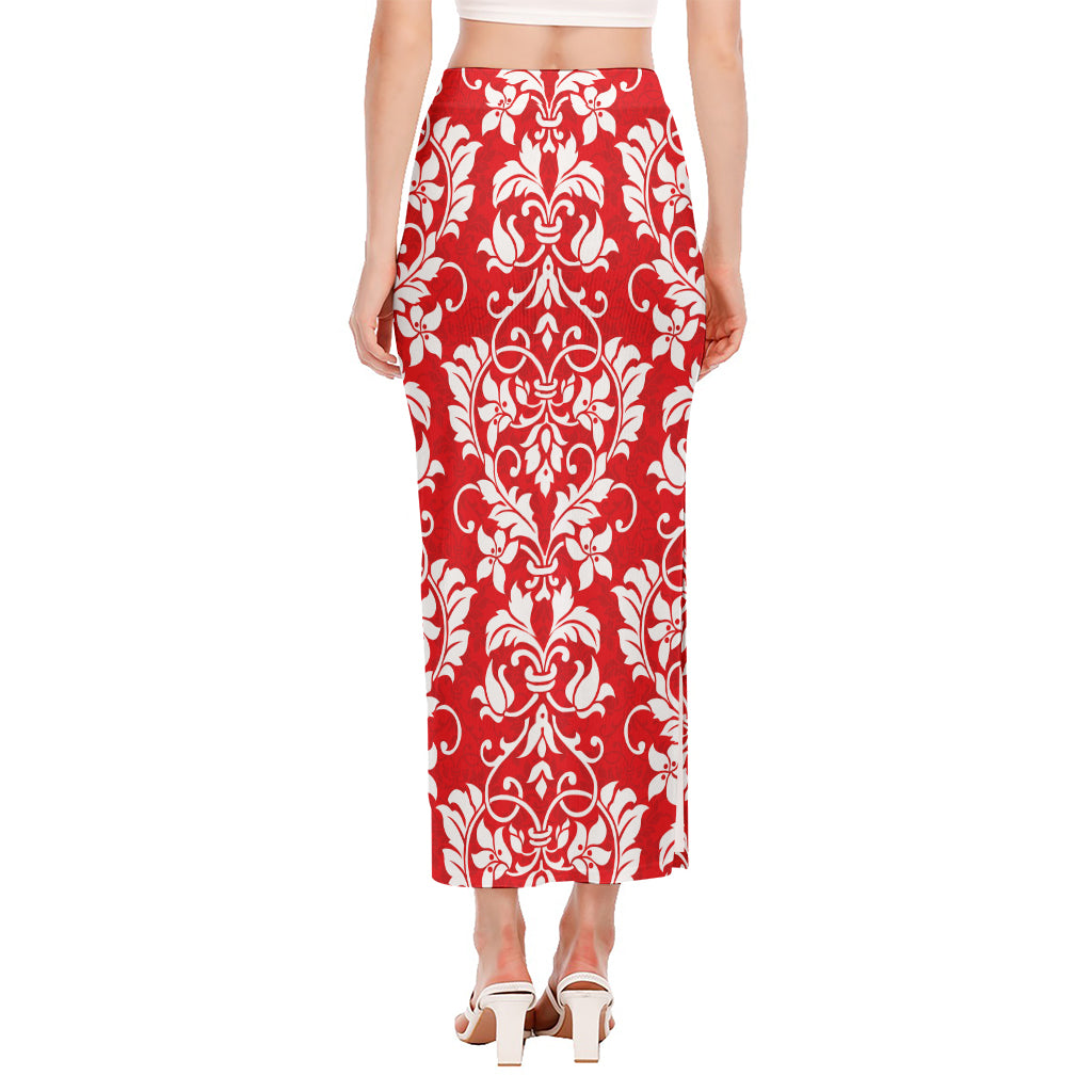 Red And White Damask Pattern Print Side Slit Maxi Skirt