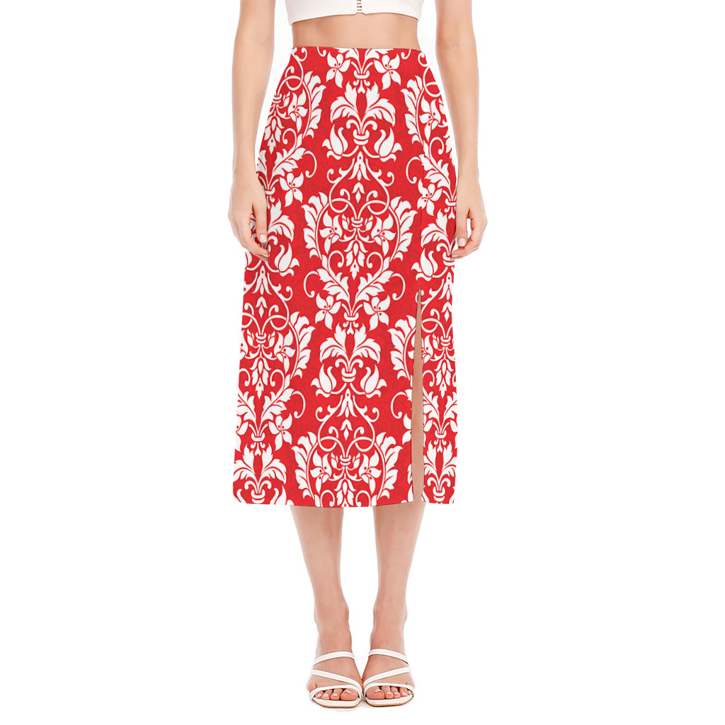 Red And White Damask Pattern Print Side Slit Midi Skirt