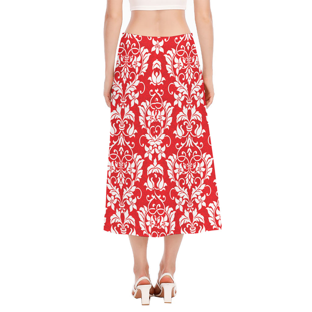 Red And White Damask Pattern Print Side Slit Midi Skirt