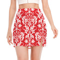 Red And White Damask Pattern Print Side Slit Mini Skirt