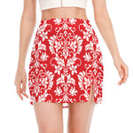 Red And White Damask Pattern Print Side Slit Mini Skirt