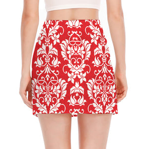 Red And White Damask Pattern Print Side Slit Mini Skirt