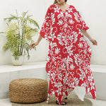 Red And White Damask Pattern Print Silk V-Neck Kaftan Dress