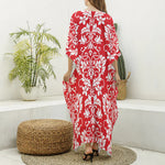 Red And White Damask Pattern Print Silk V-Neck Kaftan Dress