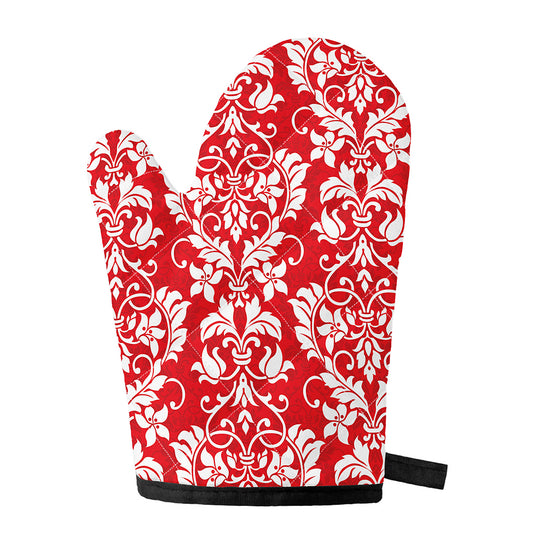 Red And White Damask Pattern Print Single Oven Mitt