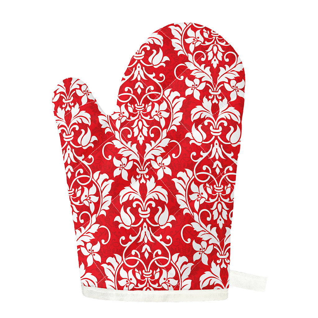 Red And White Damask Pattern Print Single Oven Mitt