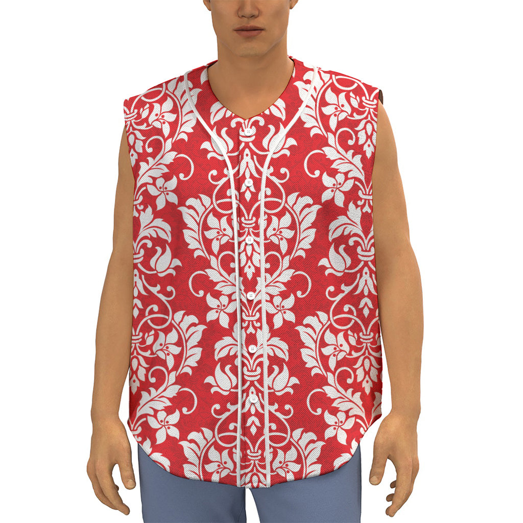 Red And White Damask Pattern Print Sleeveless Baseball Jersey
