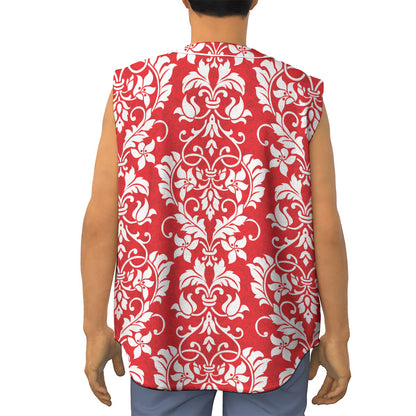 Red And White Damask Pattern Print Sleeveless Baseball Jersey