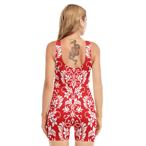 Red And White Damask Pattern Print Sleeveless One Piece Swimsuit