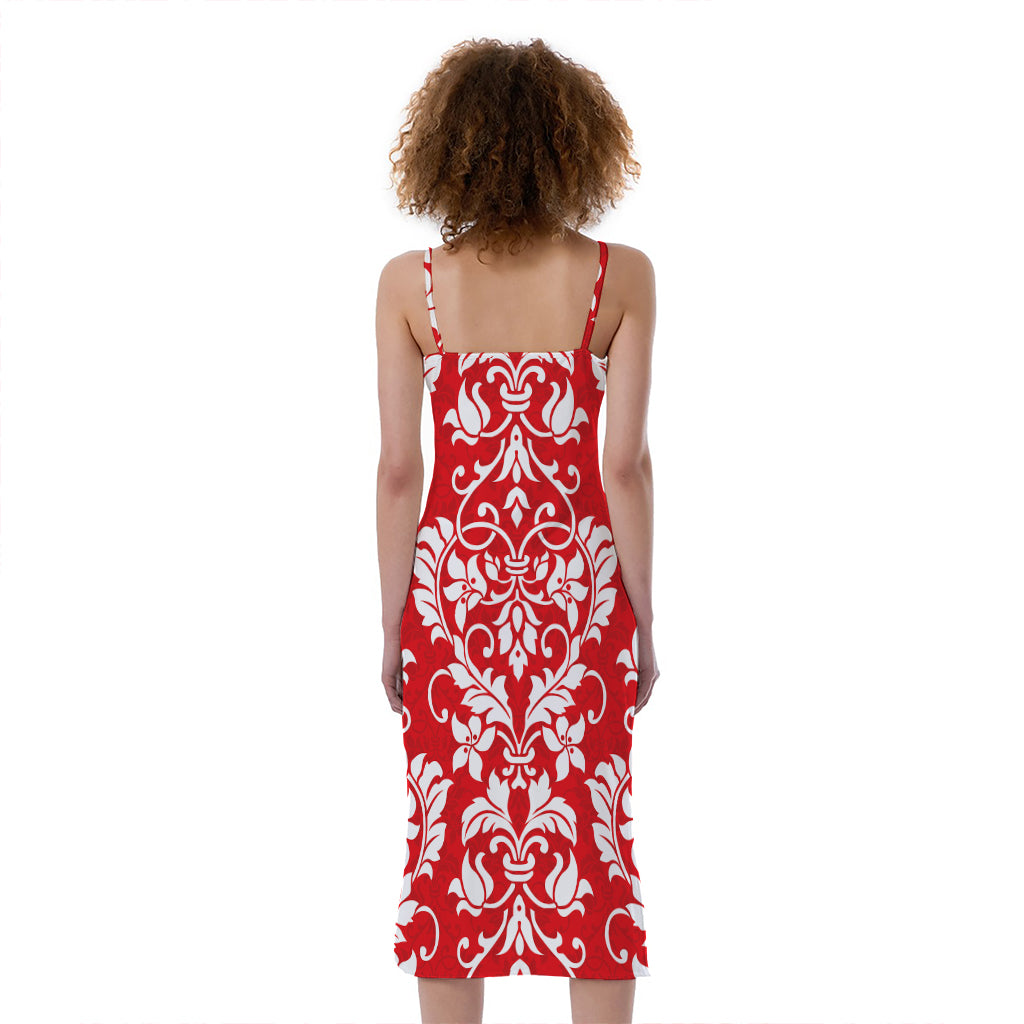 Red And White Damask Pattern Print Slim Fit Midi Cami Dress
