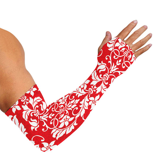 Red And White Damask Pattern Print Sun Protection Arm Sleeves
