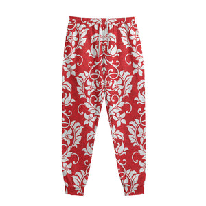 Red And White Damask Pattern Print Sweatpants