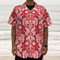 Red And White Damask Pattern Print Textured Short Sleeve Shirt