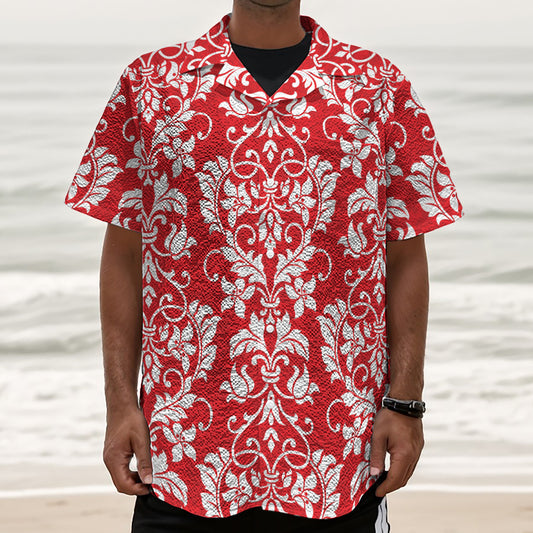 Red And White Damask Pattern Print Textured Short Sleeve Shirt
