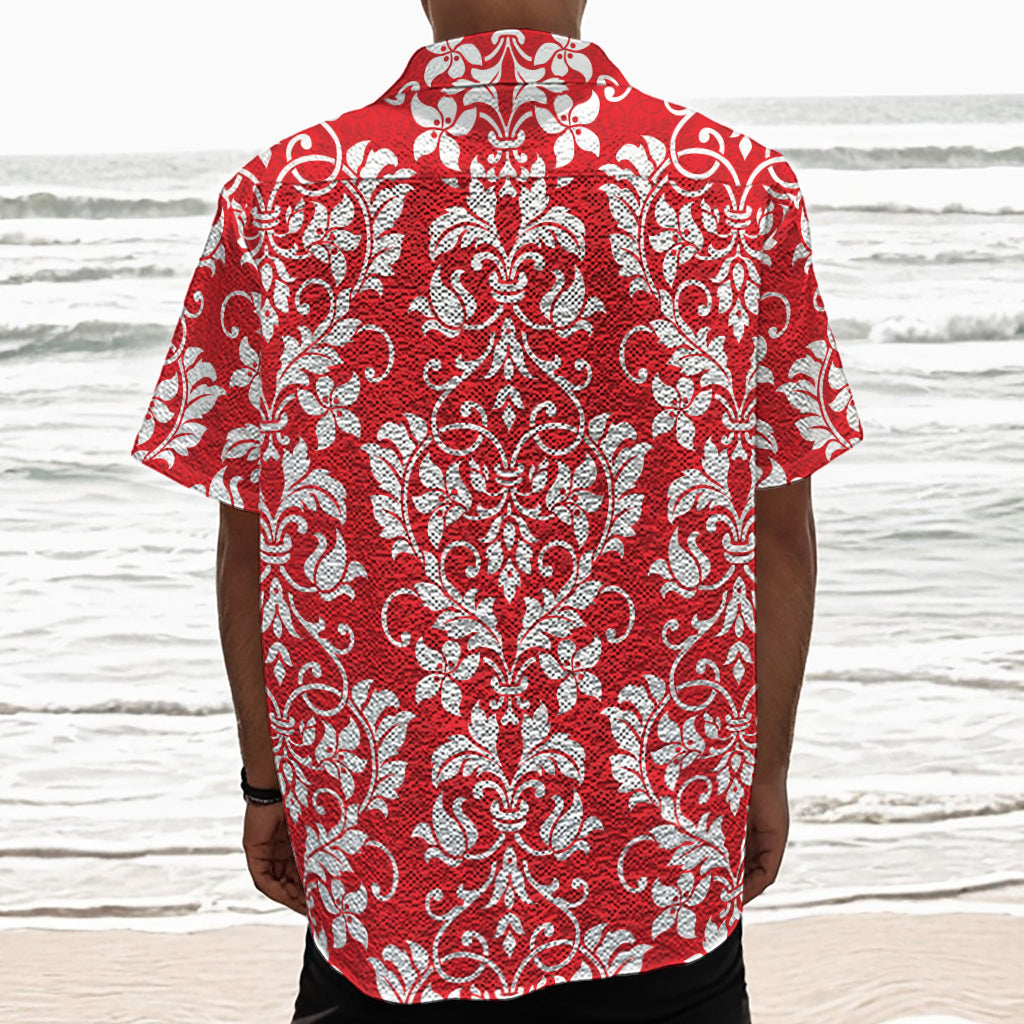 Red And White Damask Pattern Print Textured Short Sleeve Shirt