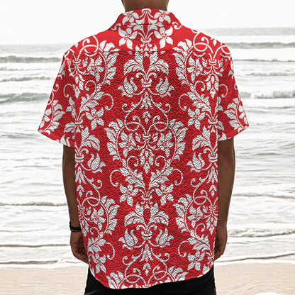 Red And White Damask Pattern Print Textured Short Sleeve Shirt