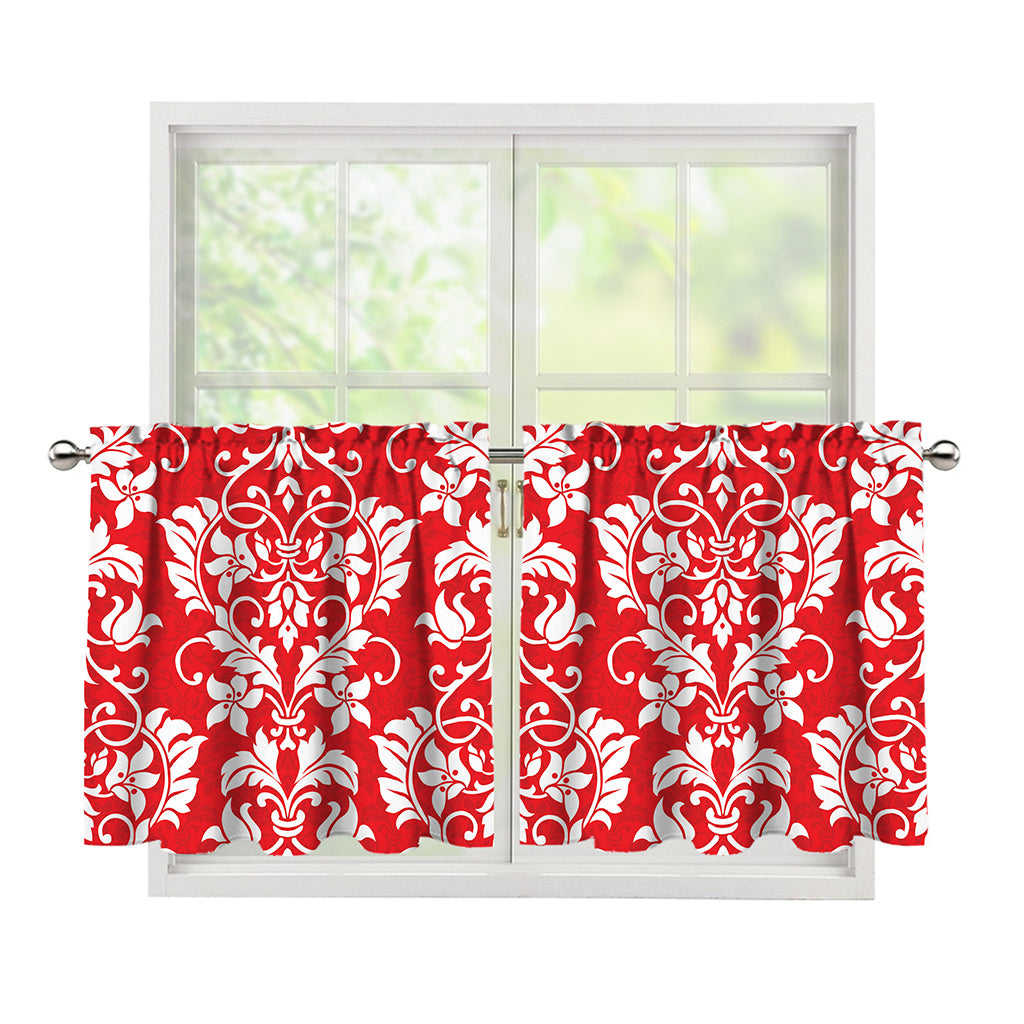 Red And White Damask Pattern Print Tier Curtains