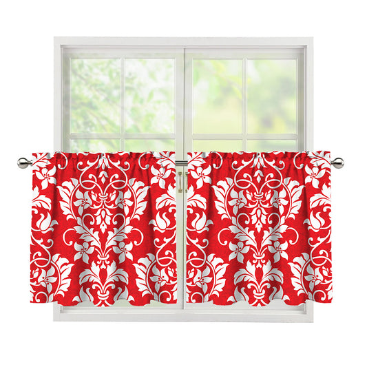 Red And White Damask Pattern Print Tier Curtains