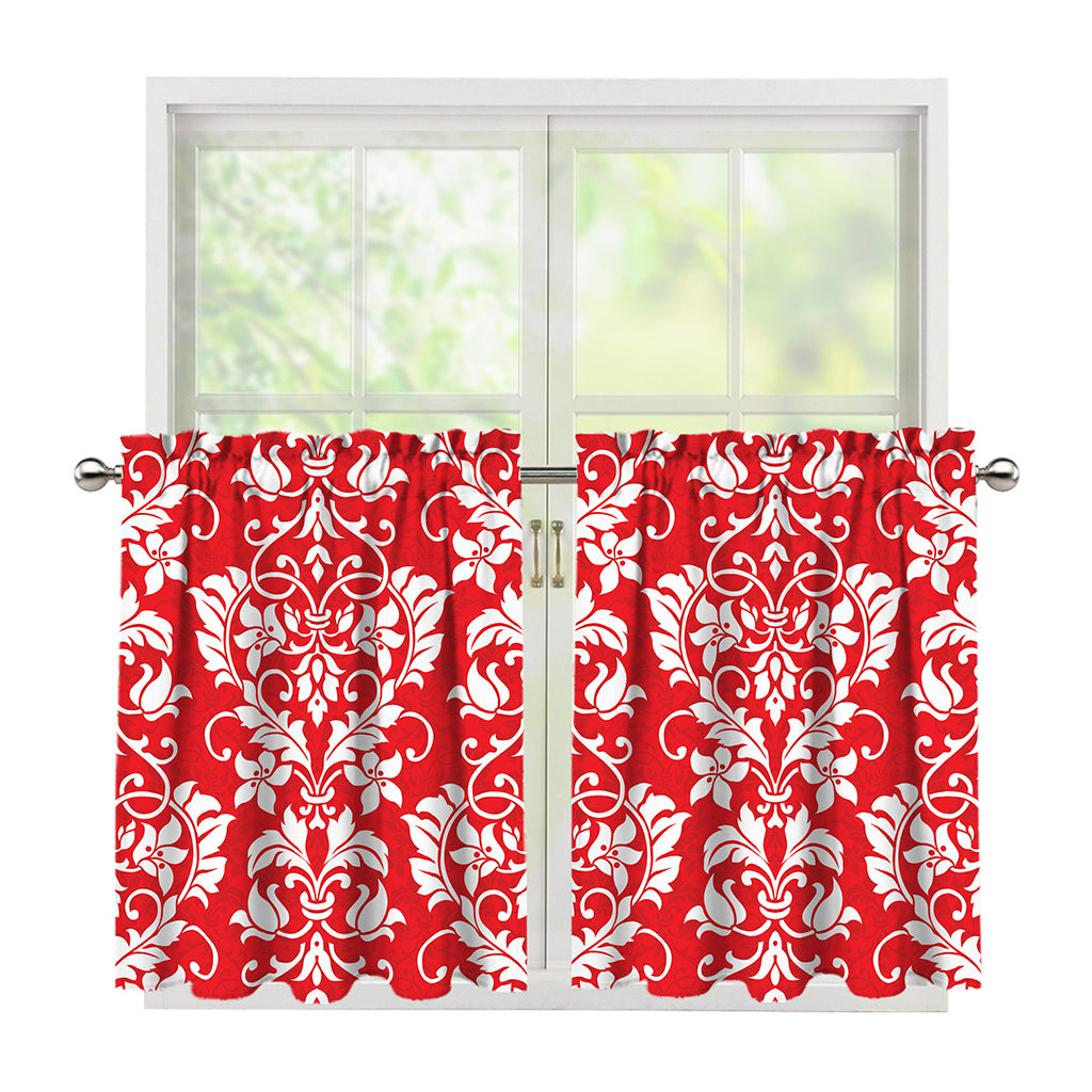 Red And White Damask Pattern Print Tier Curtains