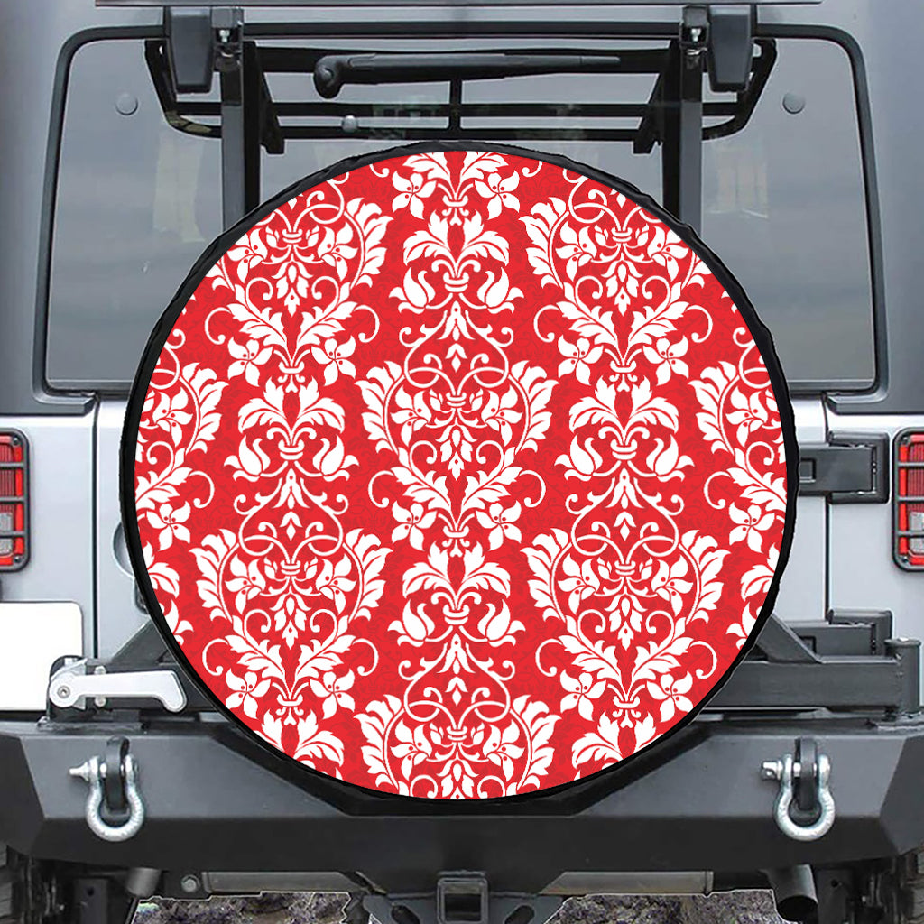 Red And White Damask Pattern Print Tire Cover