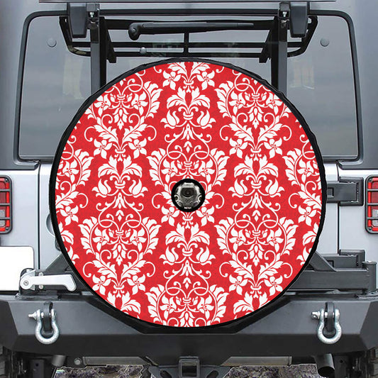 Red And White Damask Pattern Print Tire Cover With Camera Hole