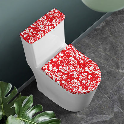Red And White Damask Pattern Print Toilet Lid And Tank Cover Set