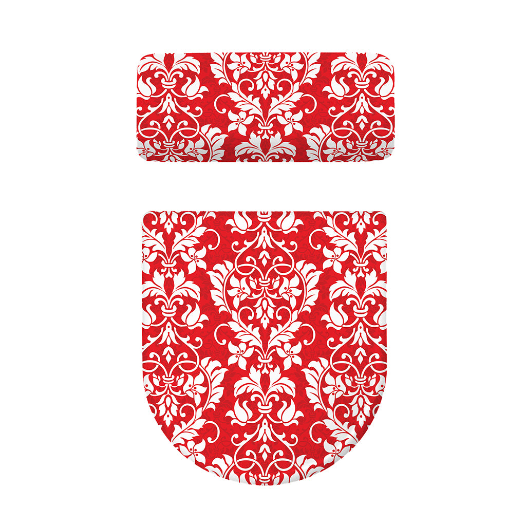 Red And White Damask Pattern Print Toilet Lid And Tank Cover Set
