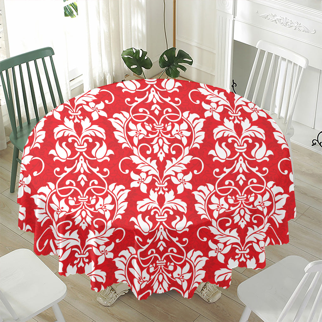 Red And White Damask Pattern Print Waterproof Round Tablecloth