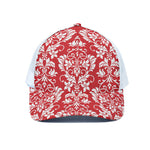 Red And White Damask Pattern Print White Mesh Trucker Cap