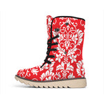 Red And White Damask Pattern Print Winter Boots