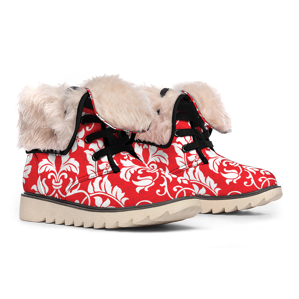 Red And White Damask Pattern Print Winter Boots