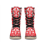 Red And White Damask Pattern Print Winter Boots