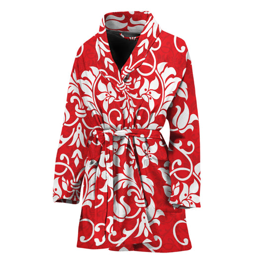 Red And White Damask Pattern Print Women's Bathrobe