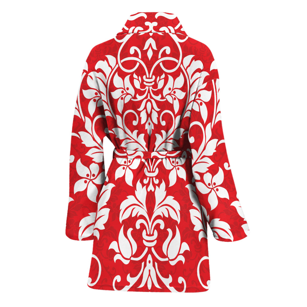 Red And White Damask Pattern Print Women's Bathrobe