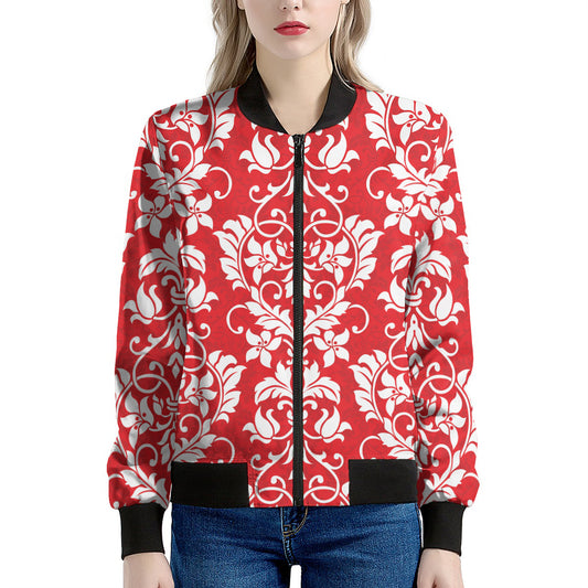 Red And White Damask Pattern Print Women's Bomber Jacket