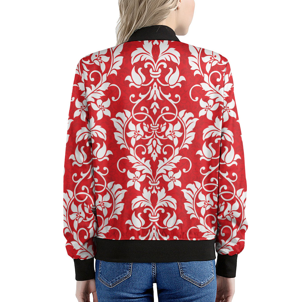 Red And White Damask Pattern Print Women's Bomber Jacket