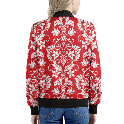 Red And White Damask Pattern Print Women's Bomber Jacket