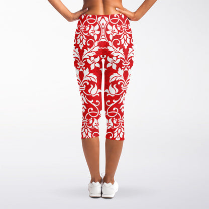 Red And White Damask Pattern Print Women's Capri Leggings