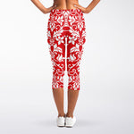 Red And White Damask Pattern Print Women's Capri Leggings