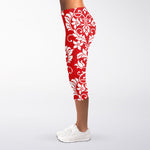 Red And White Damask Pattern Print Women's Capri Leggings